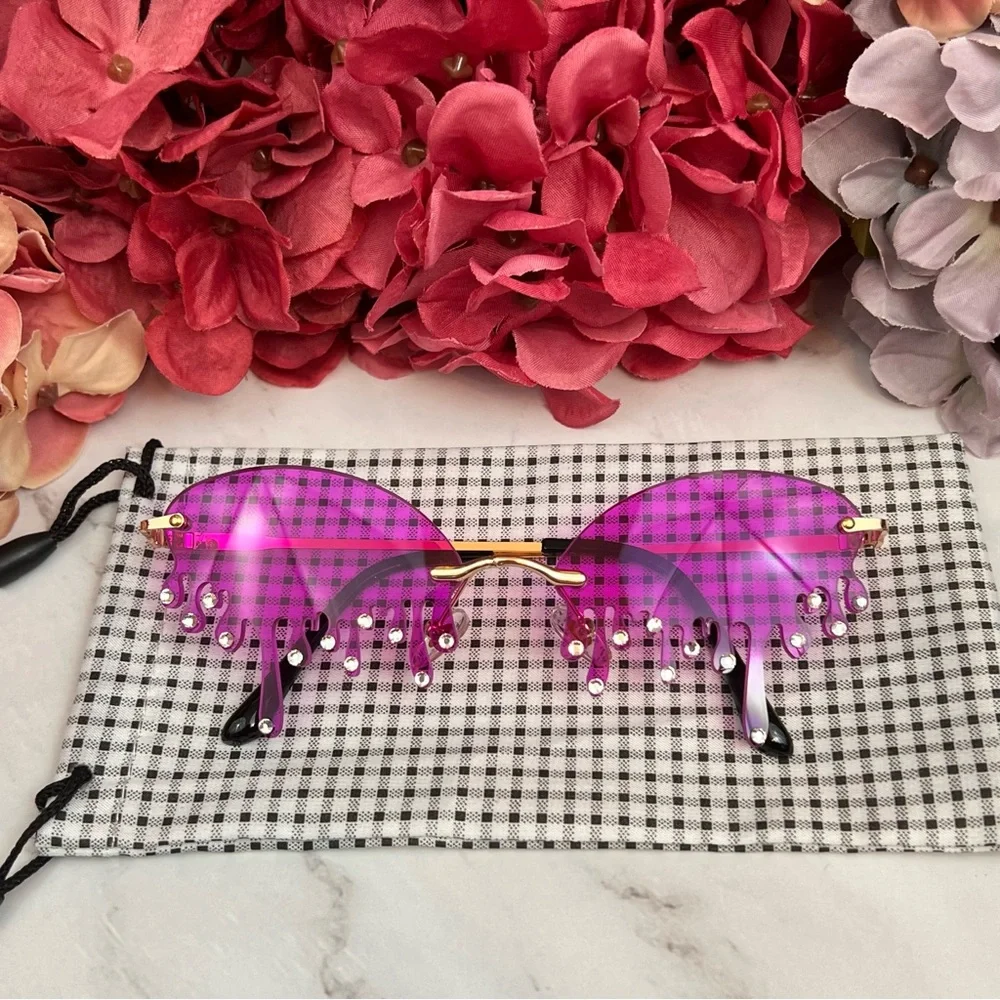 Steampunk Dripping Magenta Rimless Sunglasses with Crystals - Picture 6 of 16